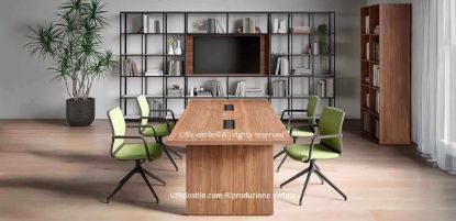 Tavolo riunioni pannellato Ufficiostile® da 240 x 110 x 74,5 cm con piano e fianchi in conglomerato ligneo spessore 38 mm rivestiti in melaminico Classe E1 a bassa emissione di formaldeide, completo di top access per facilitare la gestione della cavetteria e struttura solida adatta a sale riunioni operative o direzionali.