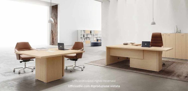 Composizione direzionale Linea 410 con scrivania completa di allungo complanare, piano lato operatore e veletta frontale in conglomerato ligneo spessore 38 mm, tavolo riunioni quadrato 140 x 140 cm e libreria modulare composta da due elementi con ante battenti e top di finitura.