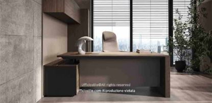 Scrivania direzionale Ono con piano in melaminico 200 x 100 cm, sliding top e vasca di cablaggio inclusa, struttura pannellata, mobile di servizio portante da 200 x 60 cm con vano tecnico, anta con serratura, tre cassetti con chiusura simultanea e top secretaire, completata da composizione in melaminico con armadio e pensili con maniglia in metallo.