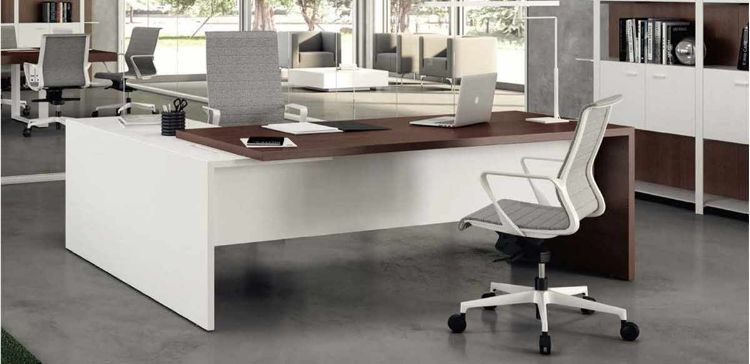 Scrivania direzionale angolare bicolore con dattilo strutturale angolare, realizzata in conglomerato ligneo con piano spessore 38 mm rivestito in melaminico bordato in ABS antiurto, disponibile nelle finiture noce canaletto, wengè e olmo oppure in versione bicolore con finitura bianca a contrasto, gambe e dattilo spessore 25 mm.