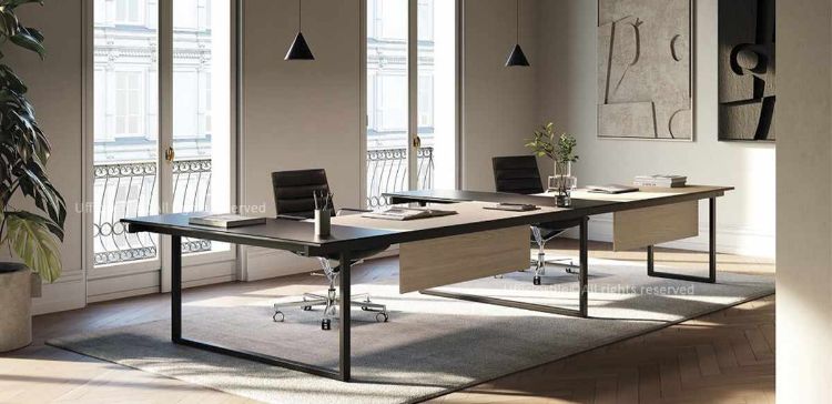 Doppia postazione di lavoro composta da due scrivanie angolari collegate in linea, ciascuna con piano da 140 x 80 cm e allungo laterale da 165 x 60 cm in vetro temprato acidato e verniciato, incollato su truciolare melaminico, completa di gonne di cortesia, struttura metallica verniciata con piedini regolabili e dimensioni complessive 400 x 165 cm.