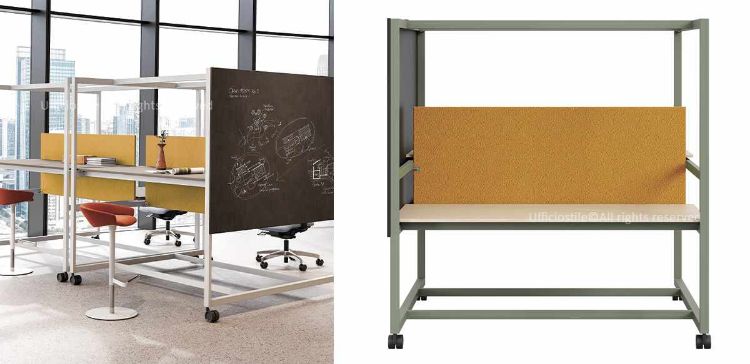 Bench mobile su ruote da 160 x 171 cm, altezza 189 cm, con piani in melaminico, struttura in tubo d’acciaio a sezione rettangolare verniciata disponibile in goffrato bianco, goffrato nero o goffrato grigio verdastro, quattro ruote piroettanti con freno, schermo frontale rivestito in tessuto e pannello laterale lavagna in MDF scrivibile.