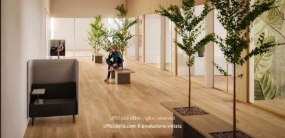Corridoio ufficio trasformato in area di transito attiva con design biofilico, alberi indoor inseriti in panche in legno con fioriere integrate, sedute imbottite ad alto schienale con tavolino individuale, materiali caldi, legni naturali e luci soffuse, ideale per attesa, micro-pause, telefonate brevi e momenti informali in uffici direzionali, coworking e spazi corporate.