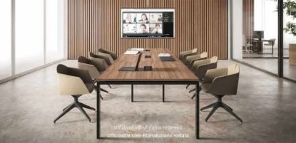 Tavolo riunione da 360 x 122,5 cm con struttura a ponte in acciaio verniciato a polveri epossidiche, piano spessore 25 mm in pannello ecologico FSC® nobilitato antigraffio, tre sportelli passacavi con vaschette portacavi integrate e finiture disponibili per piano bianco, rovere Portofino o noce Stelvio.