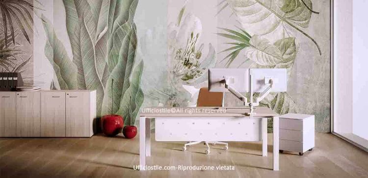 Composizione operativa Ufficiostile® con scrivania rettangolare da 160 x 80 x 73 cm con piano in melaminico spessore 25 mm, struttura metallica a ponte in acciaio tubolare 70 x 30 mm, modesty panel metallico integrato, cassettiera in metallo su ruote da 42 x 53 x 55 cm con tre cassetti e serratura centralizzata, e armadio modulare basso da 180 x 45 x 85 cm con ripiano interno e ante con serratura.