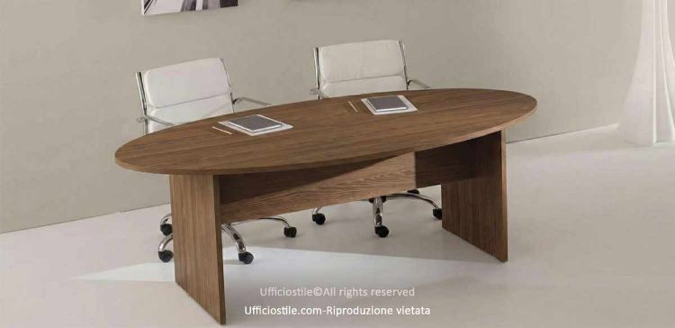 Tavolo riunioni ovale per ufficio Serie Ufficiostile 02, realizzato in melaminico con piano spessore 25 mm e disponibile nelle finiture bianco, noce, rovere chiaro e wengè.