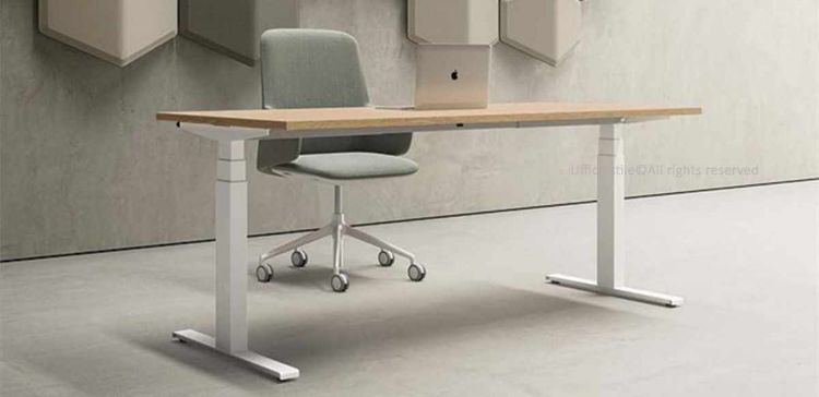 Scrivania elevabile da 180 x 65 cm con regolazione elettrica in altezza da 64,5 a 130 cm, piano in conglomerato ligneo certificato FSC® spessore 25 mm rivestito in melaminico antiriflesso, bordi in ABS da 2 mm con spigoli raggiati, struttura telescopica in acciaio verniciato con piastra superiore, base in lamiera piegata, ghiere in ABS e piedini livellatori.