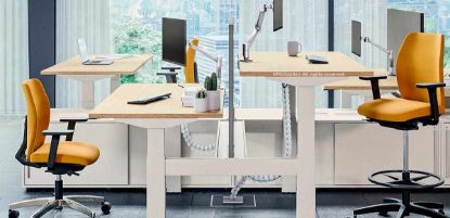 Bench elevabile a due posti regolabile in altezza da 65 a 125 cm, completo di schermo protettivo in truciolare nobilitato melaminico antiriflesso, tre vertebre passacavi, due bracci portamonitor regolabili con molla a gas e mobile di servizio con ante scorrevoli, ripiani interni, flap passacavi sul top, serratura centralizzata e chiusura ammortizzata.