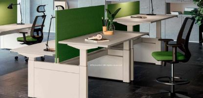 Bench elevabile a quattro posti composto da due bench regolabili in altezza da 73 a 113 cm, con pulsantiera per l’alzata del piano, alimentazione EU, UK o US, schermi protettivi rivestiti in tessuto ignifugo, staffe in lamiera d’acciaio verniciata e piani in truciolare nobilitato con resine melaminiche antiriflesso bordati in ABS.
