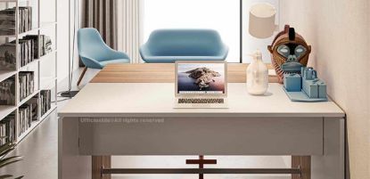 Composizione composta da due tavoli scrivania h.107 da 160 x 80 cm, realizzati in nobilitato melaminico con piani e gambe in conglomerato ligneo spessore 25 mm, modesty panel collegato tramite distanziali in ABS grigio e tubo inferiore in acciaio satinato di collegamento tra le gambe.