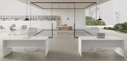 Due scrivanie pannellate da 160 x 80 cm con piani di lavoro e gambe in conglomerato ligneo spessore 25 mm rivestito in melaminico, disponibili nelle finiture bianco, grigio chiaro, rovere chiaro, noce Maroncelli e terra d’ombra, con modesty panel collegato tramite distanziali in ABS grigio e piedini livellatori in ABS grigio.