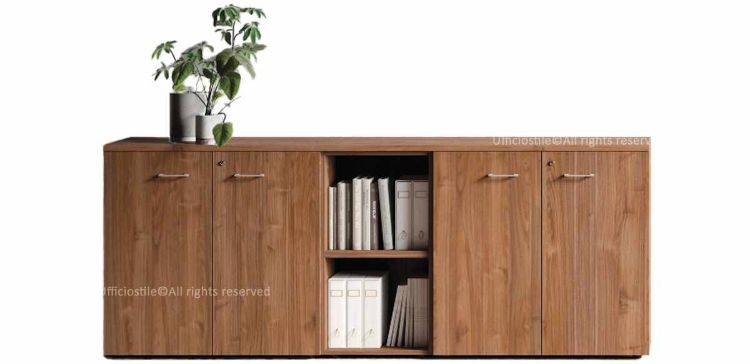 Picture of Low bookcase with 4 doors and open compartments.