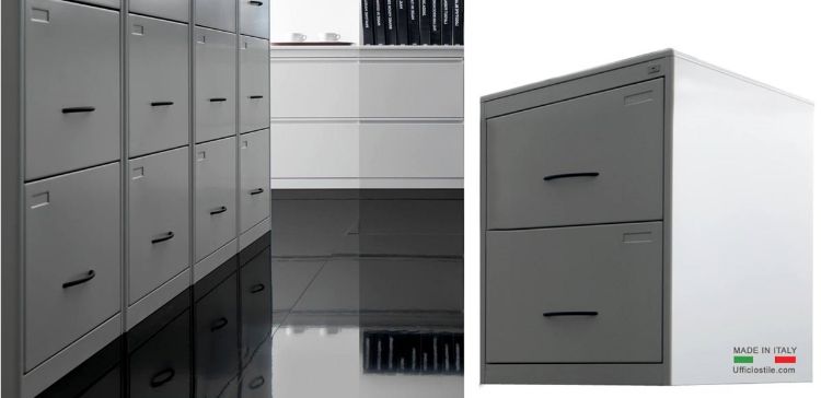 Picture of Metal filing cabinet for hanging files with 2 drawers.