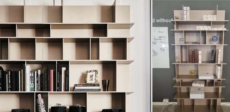 Libreria Wally fine esposizione in MDF laccato finitura Titanio, componibile, con dimensioni cm 105 x 26 x 215 h e fissaggio a parete necessario.