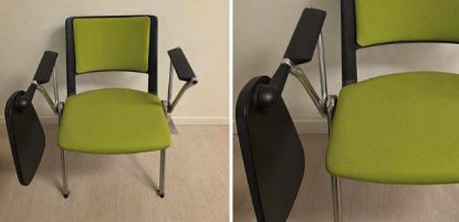Sedia con tavoletta antipanico fine esposizione, telaio cromato, sedile e schienale rivestiti in tessuto cat. B colore B757, braccioli fissi in alluminio lucido e tavoletta ribaltabile.