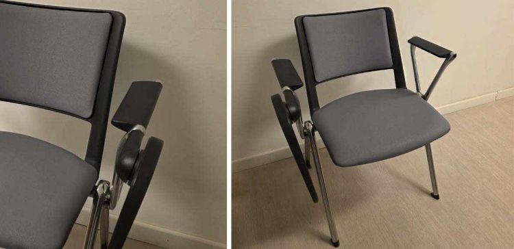 Sedia fissa ufficio fine esposizione con telaio cromato, sedile e schienale rivestiti in tessuto cat. B colore B761, braccioli fissi in alluminio lucido e tavoletta ribaltabile.