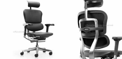 Poltrona ufficio ergonomica EGREEN con braccioli regolabili 5D, sedile e schienale in mesh a rilascio di pressione differenziata, imbottitura frontale rivestita in pelle nera, supporto lombare Up-Down a 6 posizioni e meccanismo sincronizzabile bloccabile in 4 posizioni.