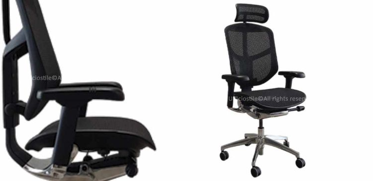 Poltrona ufficio ergonomica TECHGREEN con supporto lombare regolabile Up.Down a 6 posizioni, braccioli 5D, meccanismo sincronizzabile bloccabile in 4 posizioni, sedile regolabile in profondità, base a 5 razze in alluminio lucido e rivestimento in mesh nero.