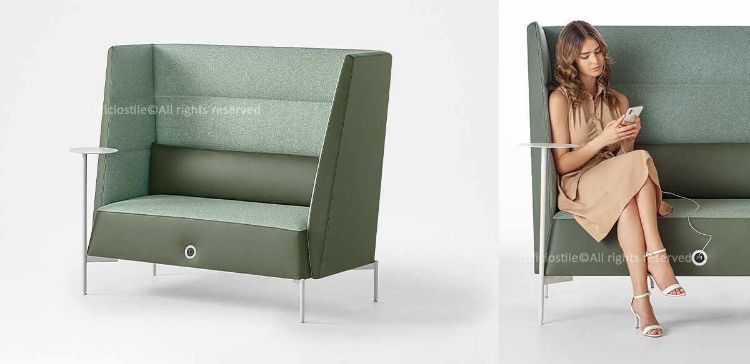 Divanetto attesa acustico Ufficiostile con schienale alto, dotato di doppia presa USB, tavolino rotante e cuscino lombare, codice prodotto ITDIKKEN11.