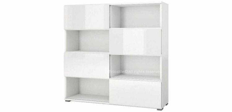 Libreria per ufficio Ufficiostile larga 180 cm con 4 ante scorrevoli in vetro retrolaccato bianco, scocca in melaminico bianco spessore 30 mm e binari in alluminio anodizzato, codice prodotto ITDV50010.