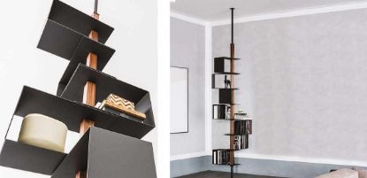 Libreria a soffitto Tokio di Cattelan con ripiani in metallo goffrato finitura Graphite e piantana in legno Rovere Bruciato, portata massima 4 kg per ripiano, ideale per uffici direzionali, reception e ambienti professionali di design.