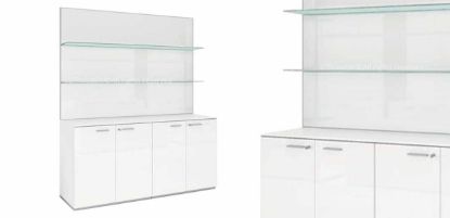 Boiserie per ufficio Ufficiostile larga 180 cm con armadi contenitori integrati, profili in alluminio anodizzato, pannelli in melaminico personalizzabili e mensole in vetro temprato acidato, codice prodotto ITDV50021.