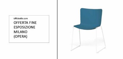 Sedia monoscocca in polipropilene blu con telaio a slitta verniciato bianco, soluzione Made in Italy fine esposizione per uffici, sale riunioni, aree attesa e spazi professionali.