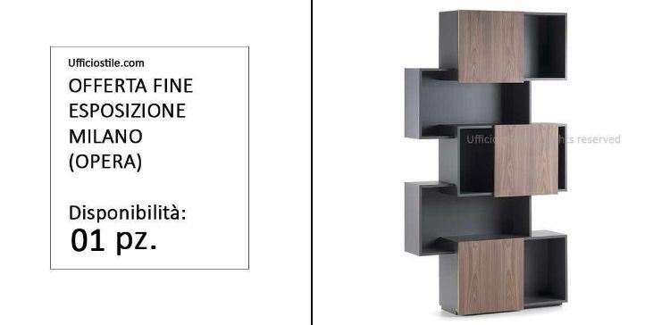 Libreria contenitore design in MDF antracite con ante scorrevoli in finitura Noce Canaletto, portata massima 60 kg distribuita sui ripiani, ideale per uffici direzionali, reception e ambienti professionali.
