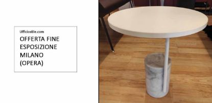 Tavolino fine esposizione con piano in melaminico bianco e basamento in marmo bianco, diametro 50 cm e altezza 65 cm, ideale per uffici, reception, aree lounge e ambienti professionali.