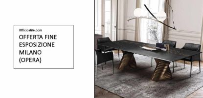 Tavolo riunioni design con piano in ceramica finitura Portoro opaco e basamento in metallo con due piloni a spirale colore oro, ideale per sale riunioni direzionali e ambienti professionali di rappresentanza.