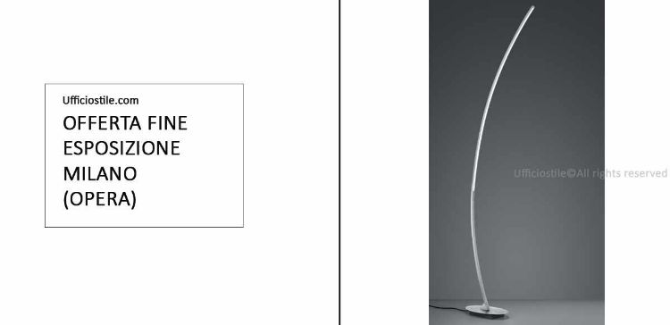 Lampada da terra curva in alluminio con tecnologia LED, interruttore a pedale, luce 3000K e potenza 11W, soluzione Made in Italy fine esposizione per uffici, reception e ambienti professionali.