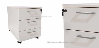 Cassettiera per ufficio a tre cassetti su ruote, dotata di serratura e dimensioni compatte 42x56x60 cm, ideale per organizzare documenti e materiali nelle postazioni operative.