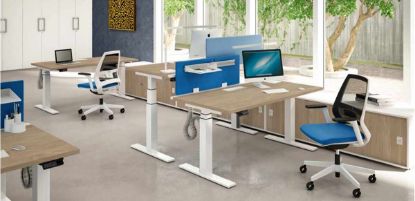 Composizione con tre postazioni di lavoro elevabili in altezza, scrivanie operative da 140 x 80 cm regolabili da 67,3 a 134,8 cm, piani in conglomerato ligneo spessore 30 mm rivestiti in carta melaminica antiriflesso, struttura metallica a colonna telescopica con gambe a T rovesciata, screen divisori in tessuto, comandi comfort con memorie, griglia raccoglicavi, vertebre regolabili e tre box contenitori con ante scorrevoli da 181,5 x 66 x 56 cm.