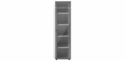Mobile contenitore per ufficio h 195 cm con anta in vetro temprato, scocca in truciolare nobilitato con resine melaminiche antiriflesso, bordi in ABS, doppia foratura interna per ripiani regolabili e serratura con cilindro estraibile.