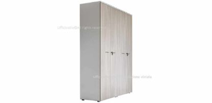 Contenitore alto per ufficio h 233 cm con 4 ante battenti, realizzato in truciolare nobilitato con resine melaminiche antiriflesso, fondo da 28 mm con funzione di zoccolo, bordi in ABS, piedini regolabili, cerniere in acciaio nichelato opaco e top di finitura.