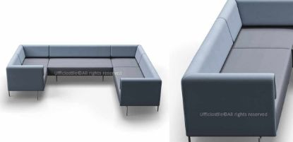Divano componibile Klit per ufficio, reception e aree lounge, formato da cinque moduli con schienale liscio configurabili in soluzioni lineari o angolari, rivestimento tecnico in P.V.C., cotone e poliuretano con certificazione di reazione al fuoco.
