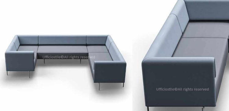 Divano componibile Klit per ufficio, reception e aree lounge, formato da cinque moduli con schienale liscio configurabili in soluzioni lineari o angolari, rivestimento tecnico in P.V.C., cotone e poliuretano con certificazione di reazione al fuoco.