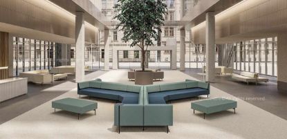 Esempio compositivo per area lounge ufficio, con elementi modulari e pouf configurabili per reception, sale attesa, spazi relax e ambienti informali aziendali, pensato per soluzioni progettuali personalizzate su richiesta.