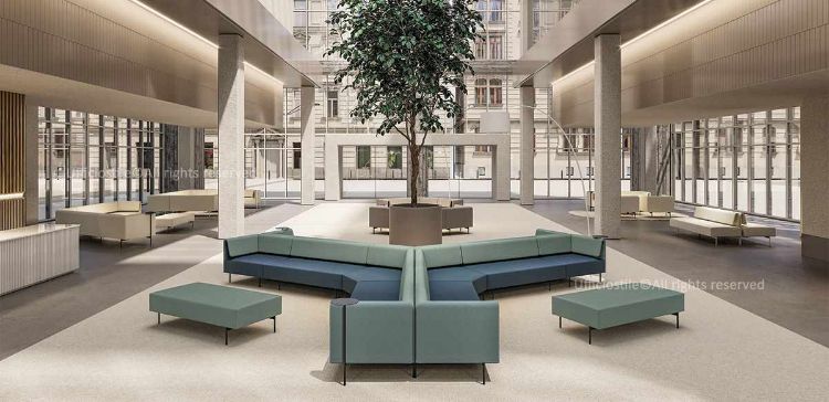 Esempio compositivo per area lounge ufficio, con elementi modulari e pouf configurabili per reception, sale attesa, spazi relax e ambienti informali aziendali, pensato per soluzioni progettuali personalizzate su richiesta.