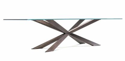 Tavolo Speed con piano in appoggio in cristallo trasparente spessore 15 mm e base disponibile in acciaio inox oppure ottone anticato, dimensioni 200 x 100 x 75 h cm, ideale per sale riunioni, uffici direzionali e ambienti professionali di rappresentanza.