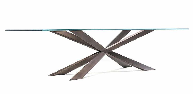 Tavolo Speed con piano in appoggio in cristallo trasparente spessore 15 mm e base disponibile in acciaio inox oppure ottone anticato, dimensioni 200 x 100 x 75 h cm, ideale per sale riunioni, uffici direzionali e ambienti professionali di rappresentanza.