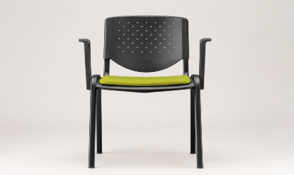 Sedia fissa Leg con braccioli in nylon, seduta rivestita in tessuto 100% poliestere FR, schienale in polipropilene e telaio a sezione ovale verniciato nero, adatta per sale riunioni, uffici, aule formazione e aree visitatori.