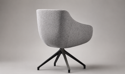 Poltroncina visitatore girevole con schienale monoscocca basso in poliuretano schiumato a freddo ignifugo, piastra fissa con meccanismo auto-allineante, base a 4 razze in alluminio verniciato nero e rivestimento Trevira CS®.