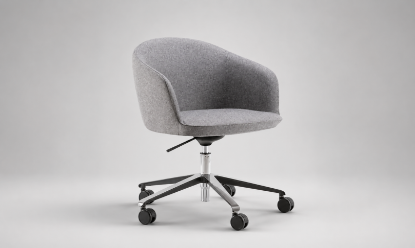 Poltrona meeting su ruote con monoscocca a schienale basso in poliuretano schiumato a freddo ignifugo, base a 5 razze in alluminio lucido, ruote frenate, elevazione a gas e rivestimento Trevira CS® Classe 1IM.