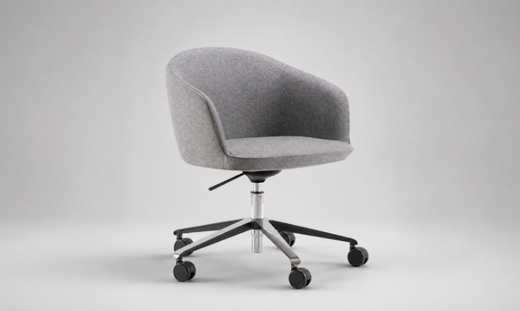 Poltrona meeting su ruote con monoscocca a schienale basso in poliuretano schiumato a freddo ignifugo, base a 5 razze in alluminio lucido, ruote frenate, elevazione a gas e rivestimento Trevira CS® Classe 1IM.