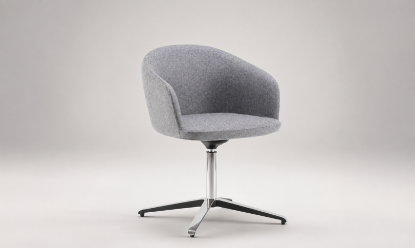 Poltrona visitatore girevole con monoscocca a schienale basso in poliuretano schiumato a freddo ignifugo, piastra fissa con meccanismo auto-allineante, base a 4 razze in alluminio lucido e rivestimento Trevira CS® Classe 1IM.