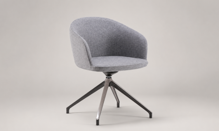 Seduta per sale riunioni con monoscocca a schienale basso in poliuretano schiumato a freddo ignifugo, base a 4 razze in alluminio lucido, piastra fissa, seduta girevole 360° e rivestimento Trevira CS® Classe 1IM.
