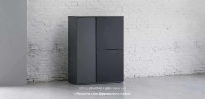 Madia per ufficio h 123 cm con ante laccate opache, struttura in truciolare nobilitato con resine melaminiche antiriflesso, fondo e ripiano intermedio da 28 mm, bordi in ABS, piedini regolabili e cerniere in acciaio nichelato opaco con apertura a 110°.