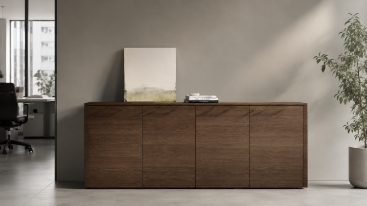 Credenza bassa cm 160 in finitura Noce Lux, composta da due moduli affiancati ad altezza scrivania, con top di finitura continuo, fianchi laterali di chiusura, ante con serratura e piedini livellatori.