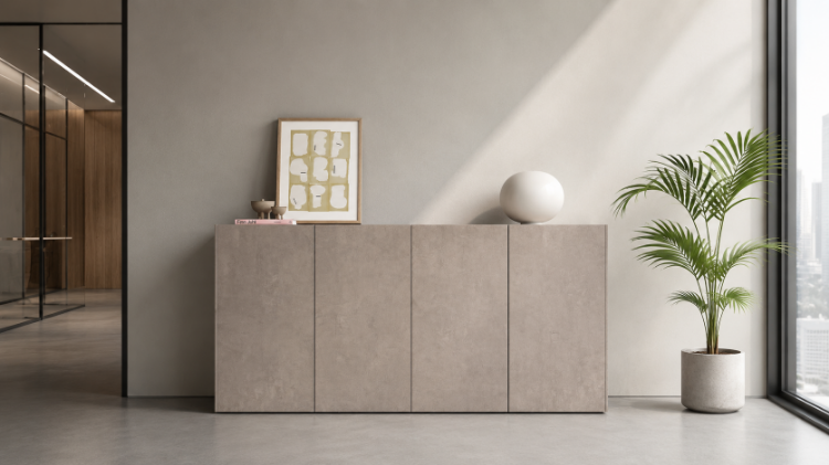 Madia direzionale a 4 ante rivestita in Oleomalta, con design monolitico senza maniglie, apertura push-pull, top, fianchi e schienale di finitura, piedini regolabili nascosti e superficie materica con proprietà ecologiche e purificanti.